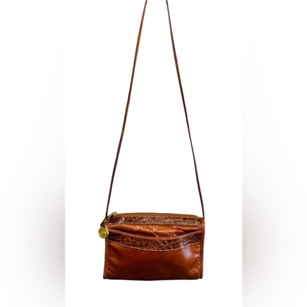 Brahmin Elisa Handbag Brown Leather Croc Embossed Trim Crossbody Shoulder Purse